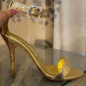 Manolo Blahnik gold-metallic sequined leather heeled sandals.